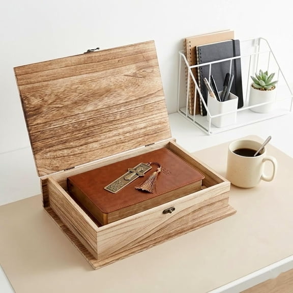 Large Wooden Bible Book Storage Box with Hinged Lid Unfinished Keepsake Jewelry  for Home Office Decorations