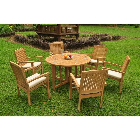 Grade-A Teak Dining Set: 6 Seater 7 Pc: 48" Round Butterfly Table And 6 Wave Stacking Arm Chairs Outdoor Patio WholesaleTeak #WMDSWVk