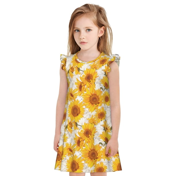 Fotbe White Marble Pattern Sunflower Vestido de Dormir para Niñas de 3 a 10 Años, Mangas Cortas, Estilo Princesa, Pijama Camisón con Mangas Voladas-XX-Large