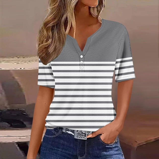 FcBaudy Hauts pour Femmes, Blouses à Manches Courtes Col en V & Chemises Mode Féminine Blouse Imprimée Manches Courtes Col Rond Décontracté Blouse en Polyester pour Femmes