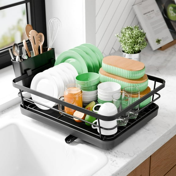 Dish Drying Rack - Compact Dish Rack with Utensil Holder & Adjustable Water Outlet, Rust-Proof & Scratch-Resistant Drying Rack for Kitchen, 14.5" x 12.0" x 4.0", Black