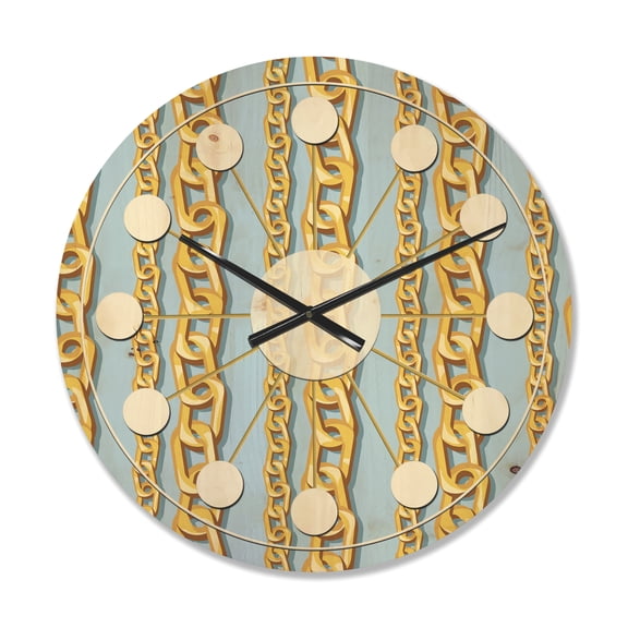Designart 'Gold Chain Pattern on Blue' Mid-Century Modern Wood Wall Clock