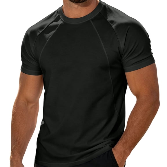 hoksml Men's Raglan Short Sleeve T Shirt Contrast Panel Seam Detail Soft Stretch Crew Neck Top for Gym Daily Street Casual Wear