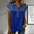 thumbnail image 2 of Womens Buttons Decor Patchwork Western Shirts Denim Splicing Summer Tops Collared V Neck Dressy T-Shirt Blue M, 2 of 6