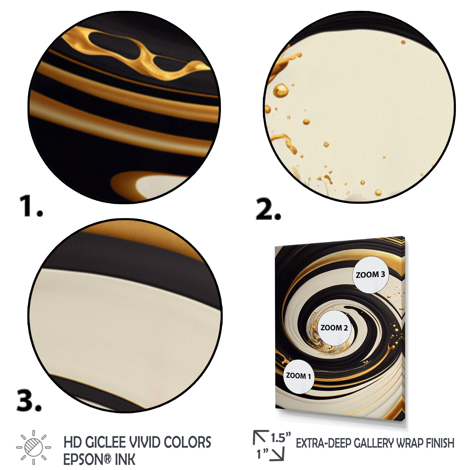 Designart Black, Silver And Gold Blending Swirls I Canvas Wall Art