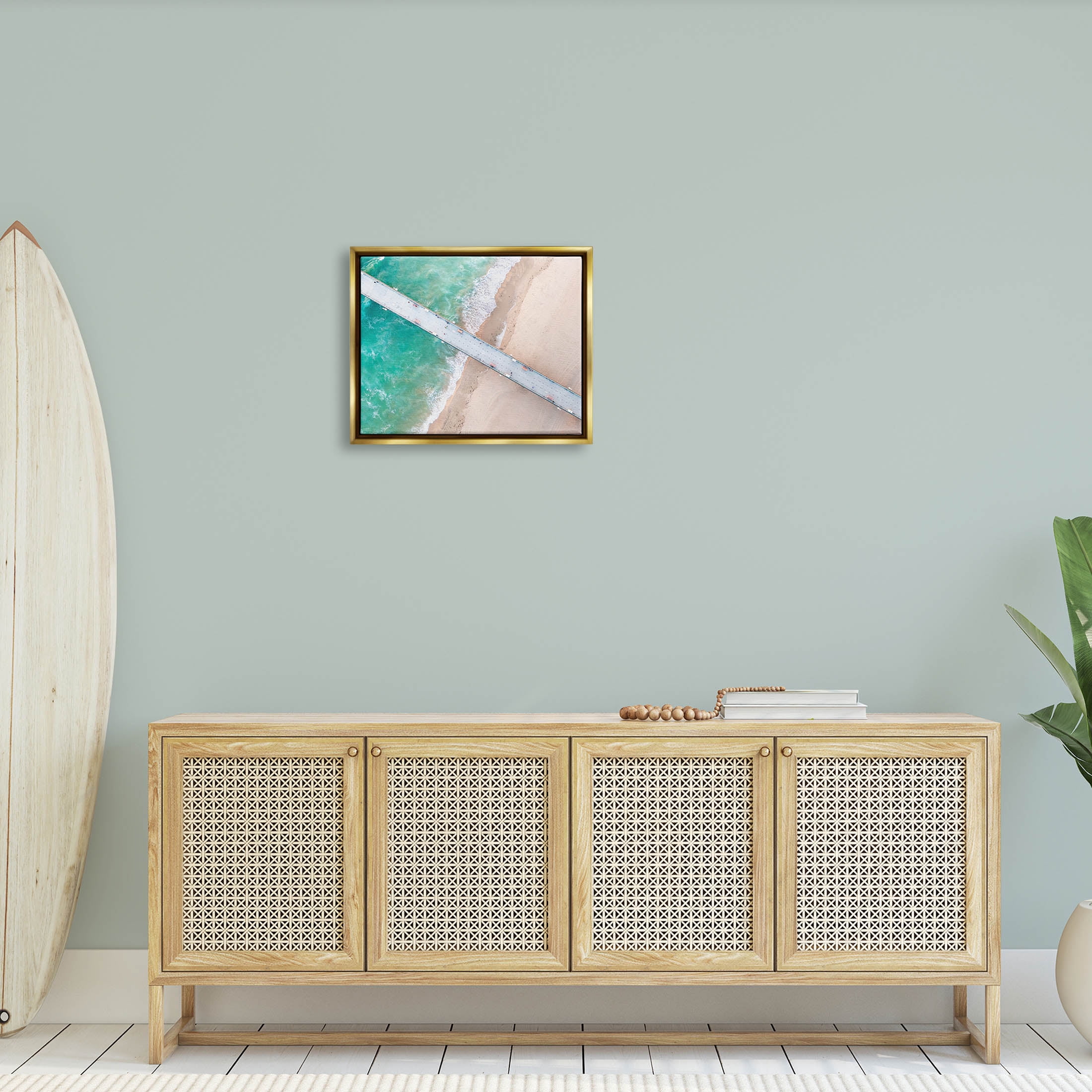 Aerial Ocean Beach Bridge Coastal Photograph Metallic Gold Framed Art Print Wall Art
