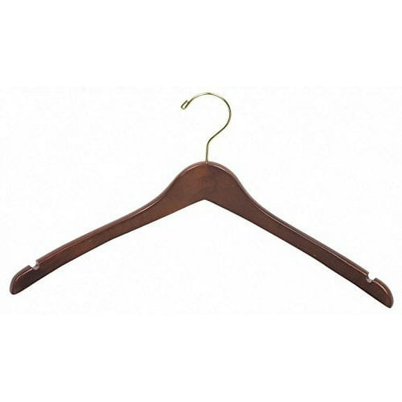 International Hanger Wooden Curved Top/Coat Hanger, Walnut Finish with Brass Hardware, Box of 50