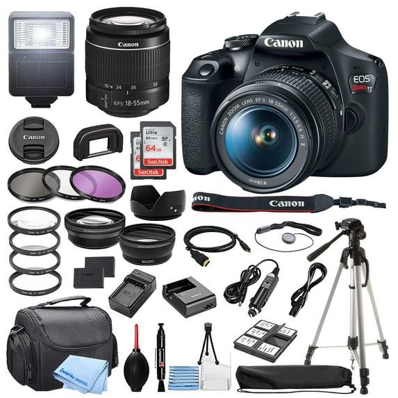 Canon EOS Rebel T7 DSLR Camera w/EF-S 18-55mm F/3.5-5.6 Zoom Lens + 64GB Memory + Case + Tripod + Filters + Accessory Bundle