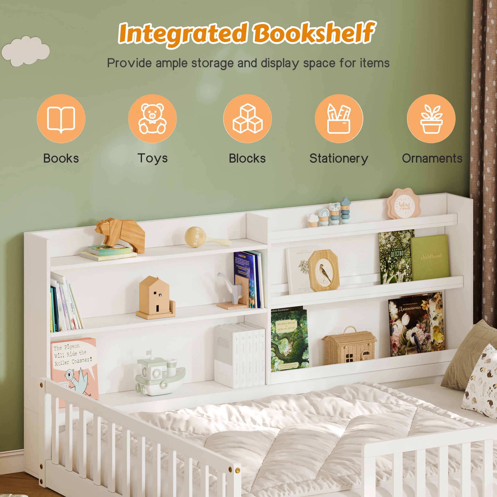 Garitin Full Floor Bed and Montessori Kids Bed 77.2 Inch, Solid Pine Wood Frame with Bookshelf and Safety Rails for Children Bedroom, White