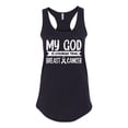 thumbnail image 2 of Wild Bobby My God Is Stronger Than Breast Cancer White Distressed Breast Cancer Awareness Women Racerback Tank Top, Black, Small, 2 of 6