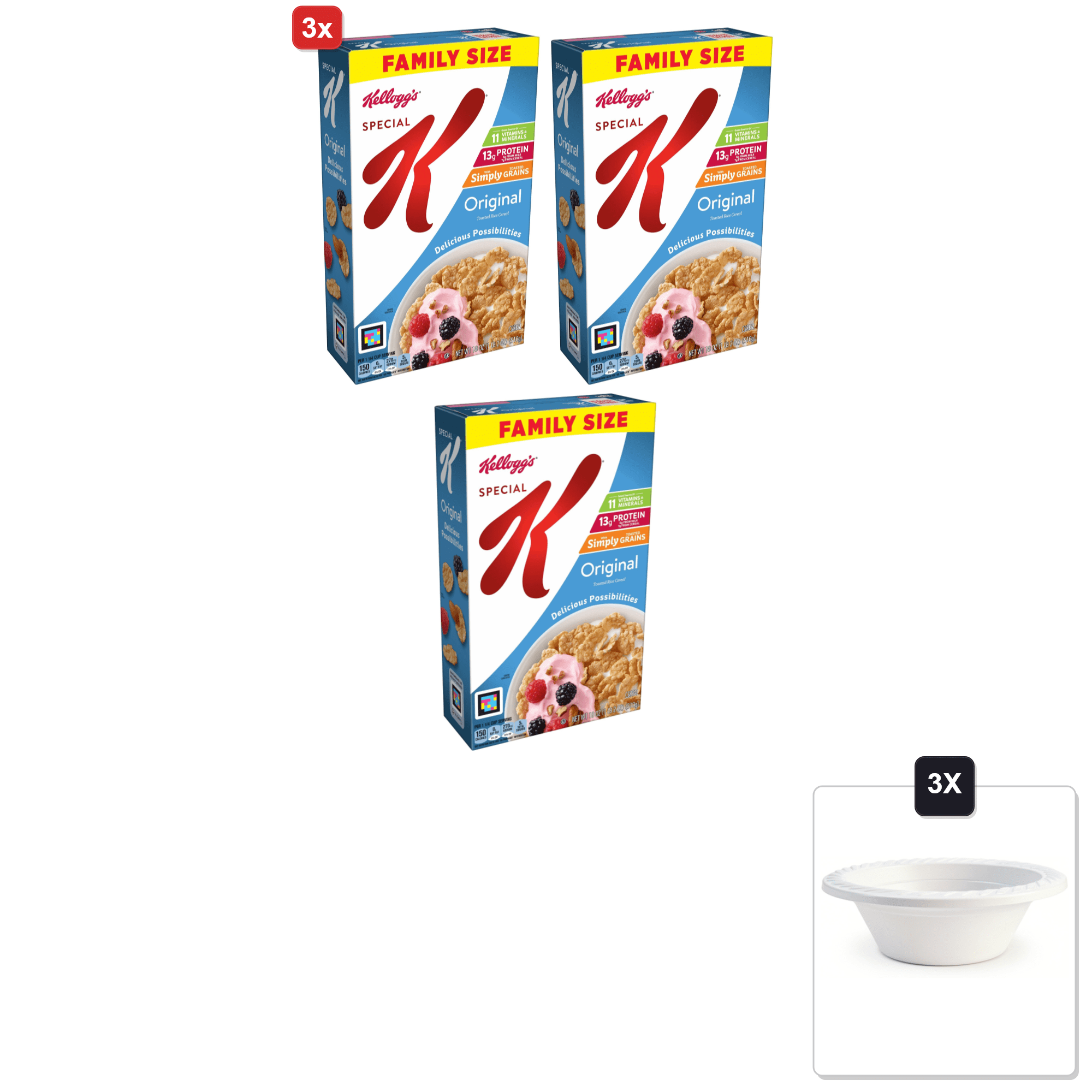 3x | Kelloggs Special K, Breakfast Cereal, Original, Made With Folic Acid, B Vitamins, And Iron, Value Size, 18 oz(Pack Of 6) & 3x 12oz Disposable Plastic Bowl