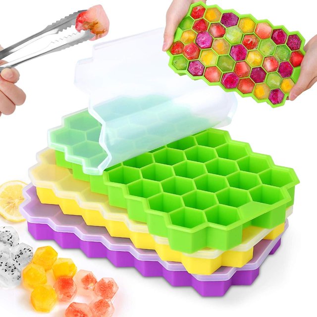 Silicone Ice Cube Tray, 3Pcs Ice Cube Mold with Lid - 111 Ice Cube Molds for Jelly Milk Juice Cocktails Whiskey - LFGB C