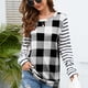 thumbnail image 2 of Suéter a cuadros para mujer, suéter a rayas de manga larga con empalme, suéter con cuello redondo para mujer, Top para fiesta diaria, trabajo blanco S, 2 of 6