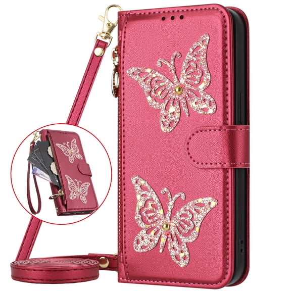 Dteck for Samsung Galaxy S24 FE Butterfly Wallet Case & Zipper Purse Wrist/Shoulder Strap, Luxury PU Leather Card Holder Stand Cell Phone Cover for Women,Red