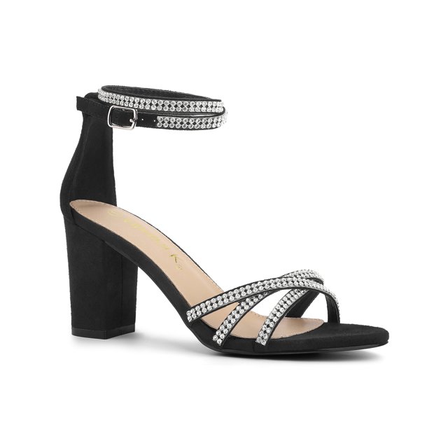 BLISSFUL STEP Women's Shoes Rhinestone Crisscross Strappy Block Heel Faux Suede Ankle Buckle Sandals Black 11