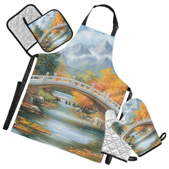 Bridge on Forests 5 Pcs Kitchen Set Heat Resistant Oven Mitts and Non-Slip Pot Holders with Adjustable Cooking Apron