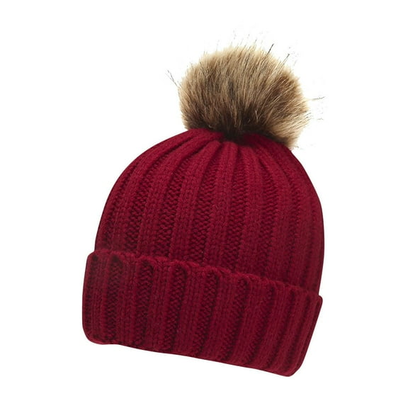 Winter Beanie Hat Fleece Lined Faux Fur Pom Pom Knitted Beanies Hat for Boy Girls 4-12 Years Spring Winter Warm Knit Beanie Cap 4-12 Years under $10