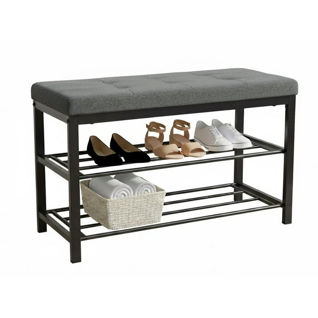 Nola Home 2-Tier Shor Rack Bench with Padded Seta, Entryway Shoe Organizer for 6 Pairs, Metal Frame, Compact Storage for Hallway, Closet, Mudroom, Grey