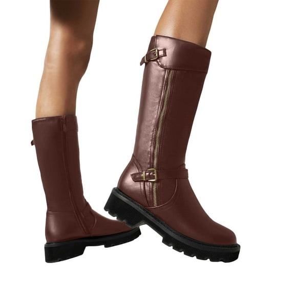 Womens Platform Mid Calf Motorcycle Riding Boots Fashion Casual Leather Side Zipper Buckles Chunky Tall Cowboy Combat Boots