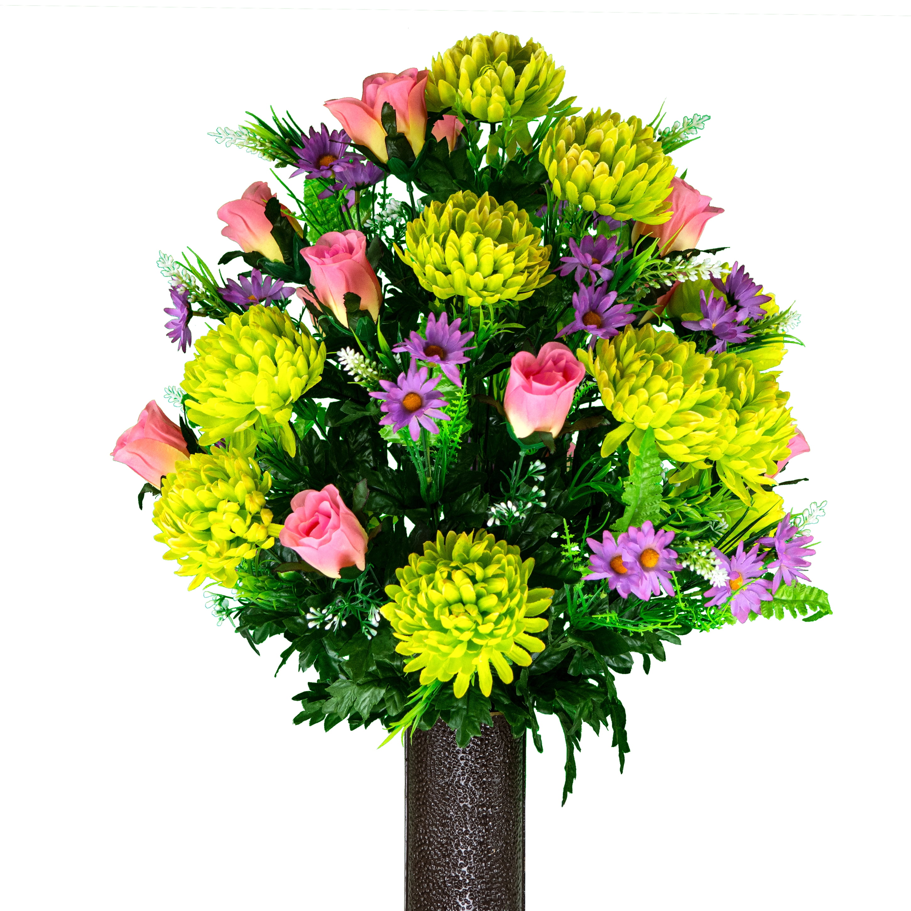 Sympathy Silks Artificial Cemetery Flowers -Lime Mum and Lavender Rose Bouquet