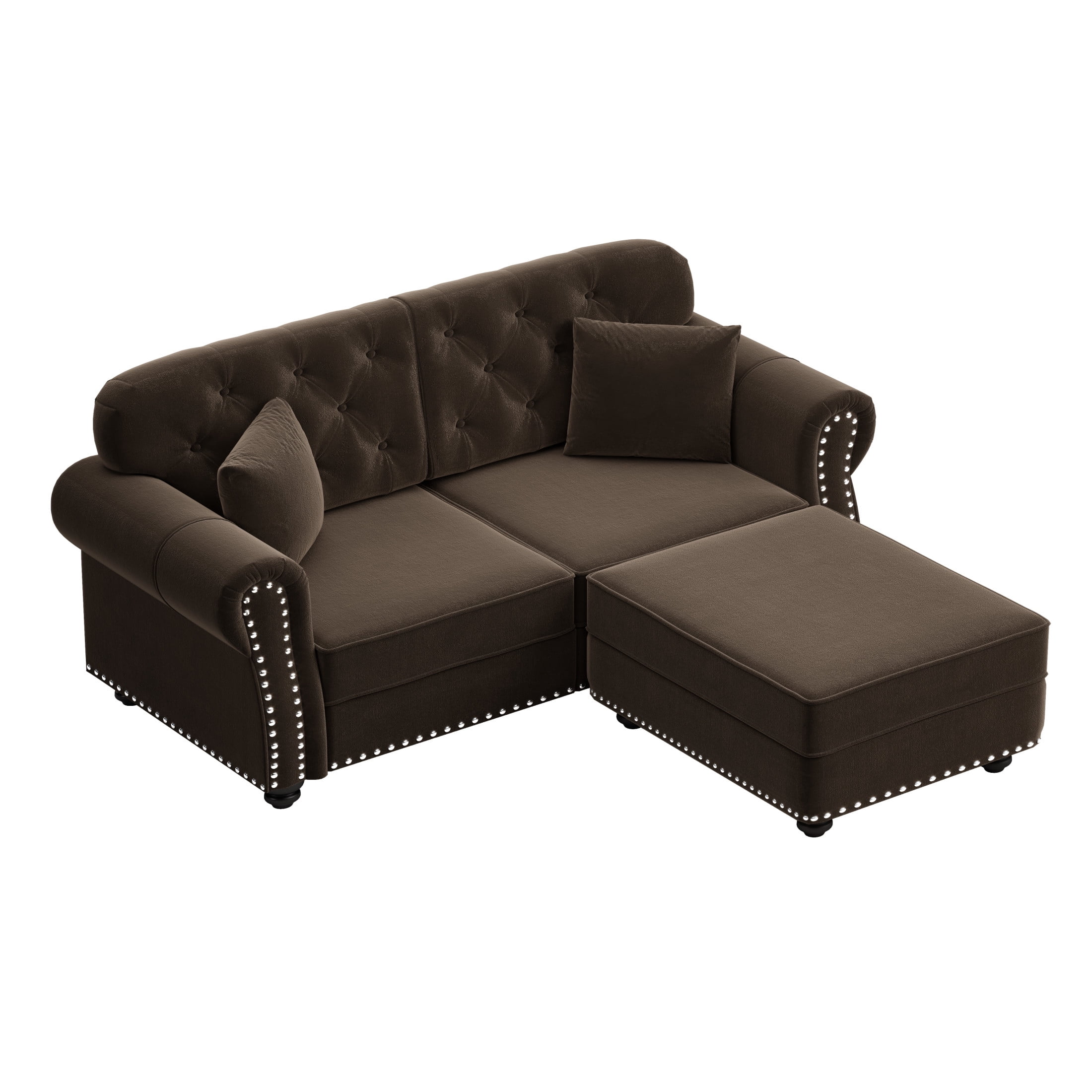 Noble House Kieran 2-Seater Velvet Chesterfield Sofa, Modern Tufted Armchair with Nailhead Trim and Ottoman, Brown