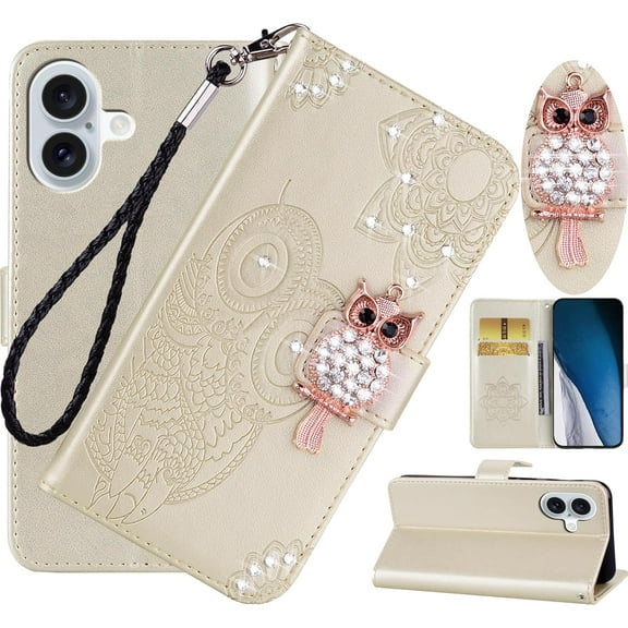 Wallet Case for iPhone 16/ Apple 16 6.1" with Card Slot Holder Kickstand, Glitter Bling Diamond Rhinestone Owl PU Leather Flip Folio Cover with Wrist Strap for Apple iPhone 16 MTY-Gold