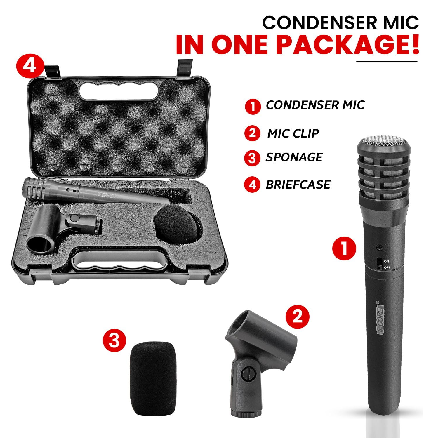 Professional Instrument Microphone Pencil Mic Condenser Cardioid Unidirectional Stick Microfono with Windscreen Mic Clip & Case ,GREY
