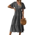thumbnail image 4 of HUBERY Women Button Tie Waist Pleated Floral Printed V Neck Short Sleeve Midi Dress, 4 of 7