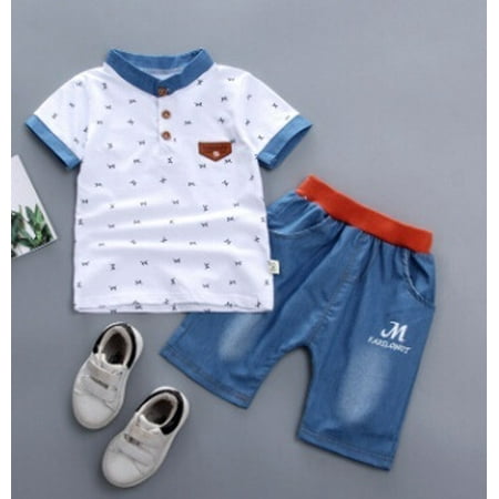 

Toddler Baby Kids Boys Summer Set Cotton Short Jeans Shirt 2PCS Clothing