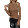 thumbnail image 2 of Sedceaty Women’s Casual Stitching Long Sleeve T-shirt Fashion Solid Color Button Round Neck Slim Fit Tops, 2 of 5