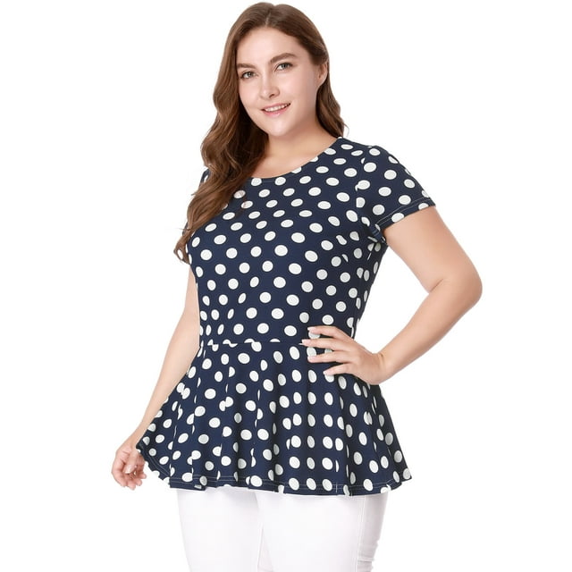 GRACE & GRANDEUR Haut Péplum à Manches Courtes à Pois pour Femmes Grande Taille