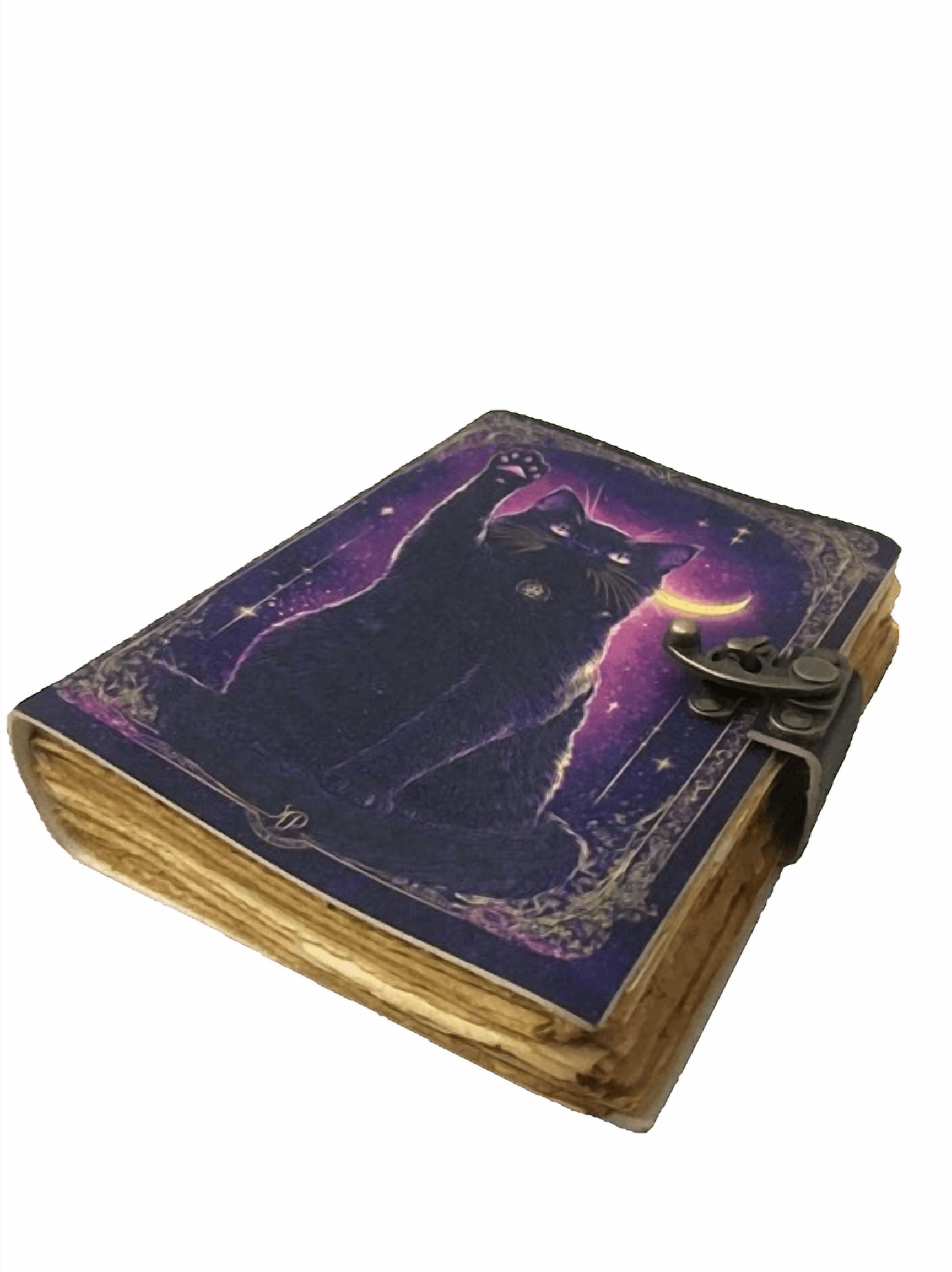Mystic Black Cat Leather Journal, 5x7 Inch Handmade Notebook with Moon & Stars Artwork, 200 Vintage Handmade Paper Pages, Antique Locking Diary for Writing & Sketching