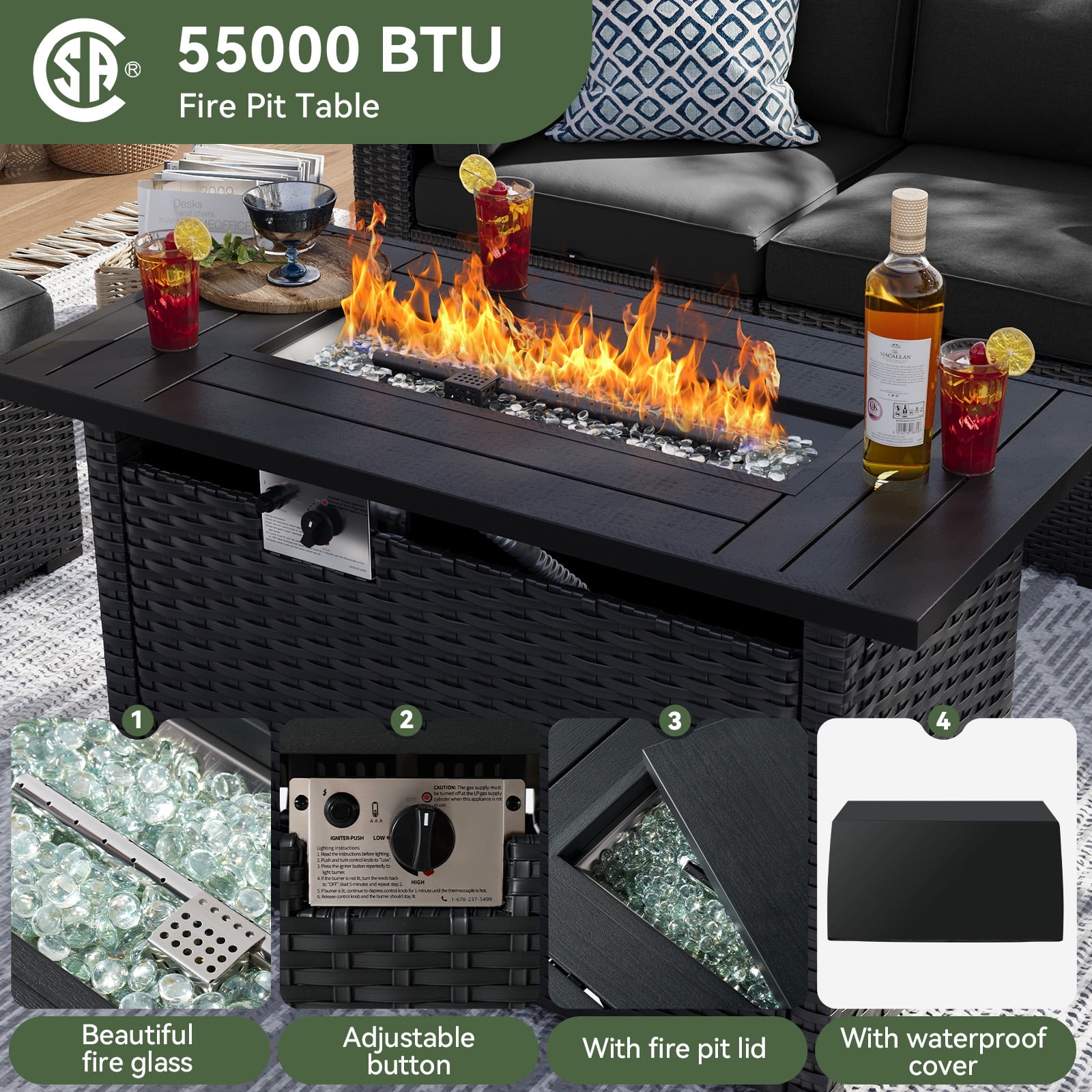 Aoxun 12 Piece Patio Furniture Set with 44” Fire Pit Table Wicker Rattan Patio Sectional Sofa Set Outdoor Seating Furniture with Thickened Cushion, Black