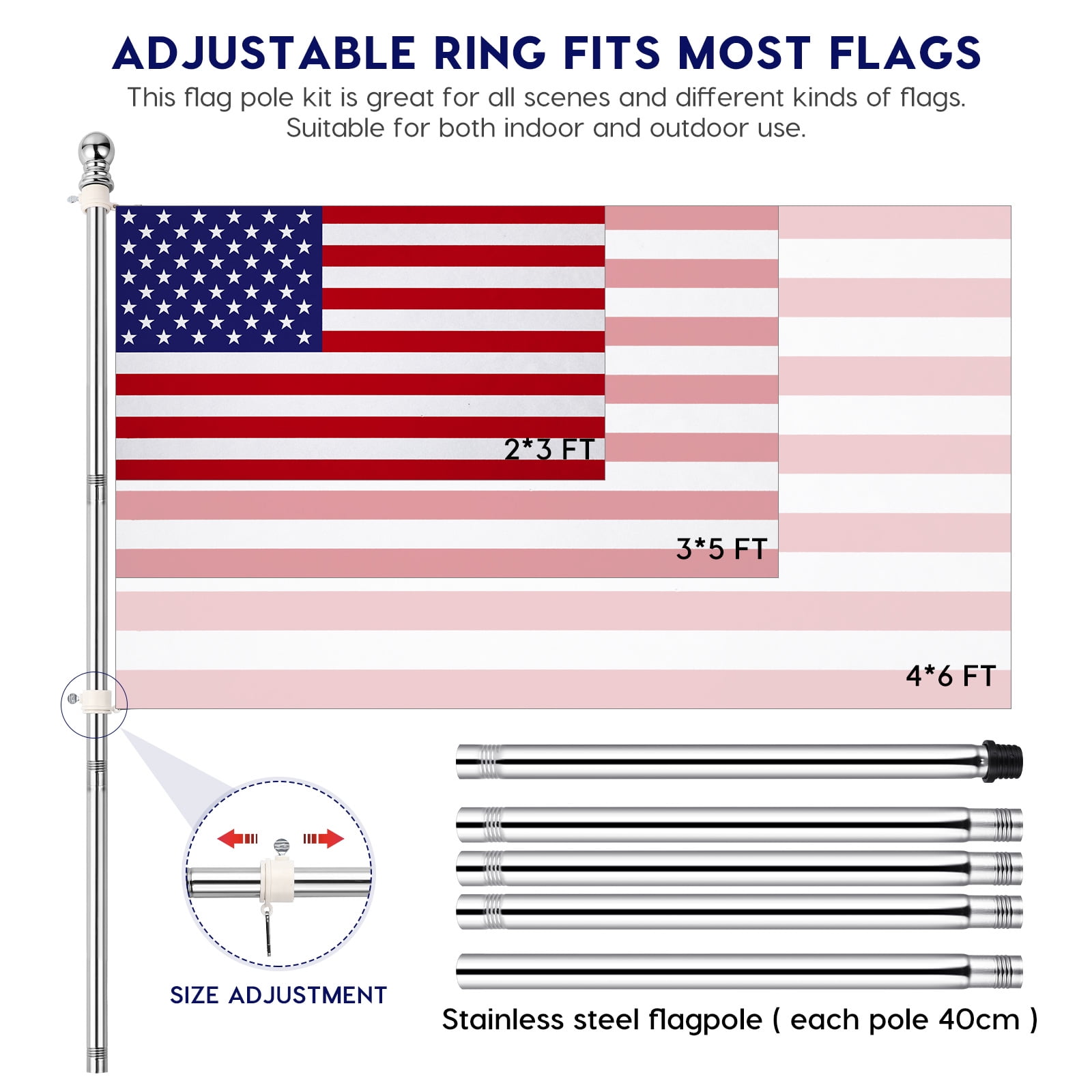 FRCOLOR Adjustable Alloy Flagpole Kit, Plated Silver, Rotating, Rust-Resistant, Multi-Scene