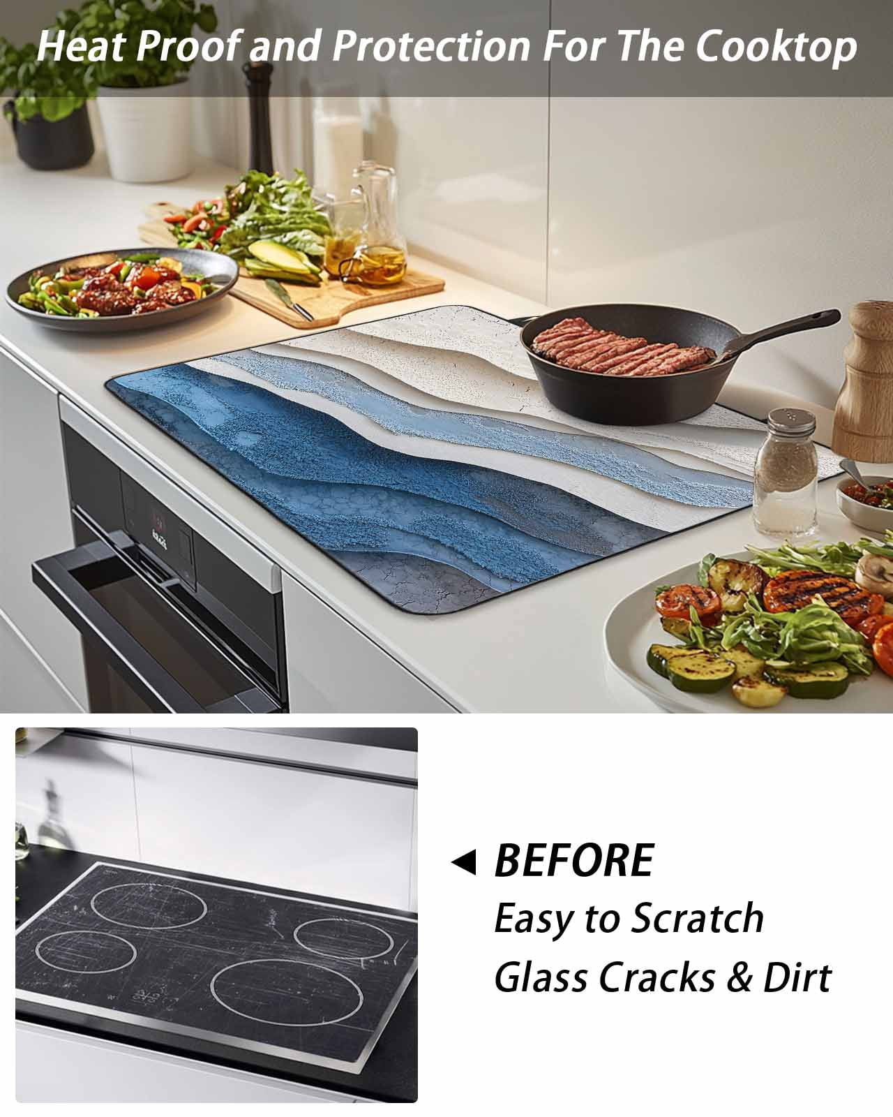 Stove Top Covers for Electric Stove, Blue Ombre Glass Stovetop Cover Protector, Modern Wave Abstract Art Induction Cooktop Protector Oven Mat for Kitchen Countertop 24"x21"