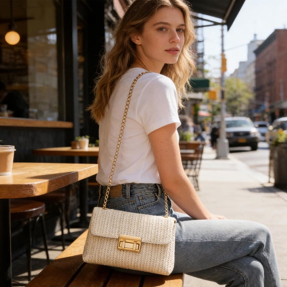 FEOLGEHLY Sling Bag, Faux Straw Woven Polyester Small Crossbody Bags for Women, Double-Zipper Crescent Shoulder Bag Mini Tote Handbag Chain Strap Design for Beach Dating Travel Daily Casual Use