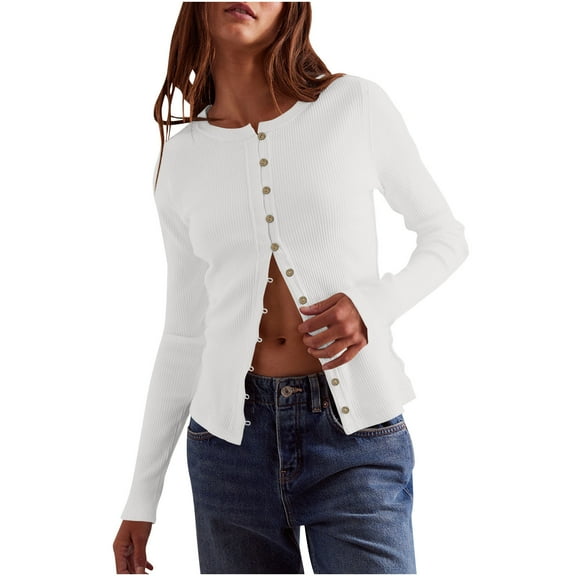 tarylea Tops for Women Ribbed Knit Button down Shirts Long Sleeve Shirts V Neck Fitted Cardigan Casual Dailywear Sweater