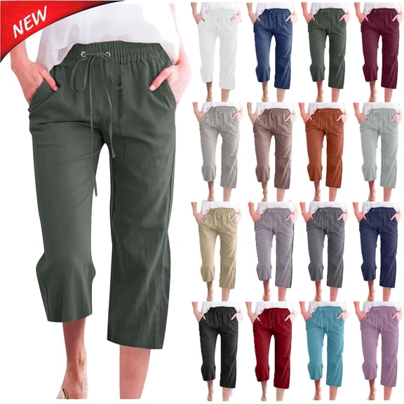 Tqyyweavej Linen Pants Women Plus Size Drawstring Wide Leg Pants Straight Leg Solid Color Casual Capri Pants for Women with Pockets