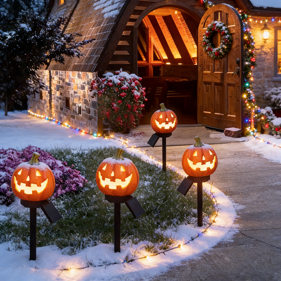 OriginalSourcing Solar Pumpkin Pathway Lights, Jack-O-Lantern Outdoor Garden Decor for Fall and Winter Holiday Season, 4 Pack