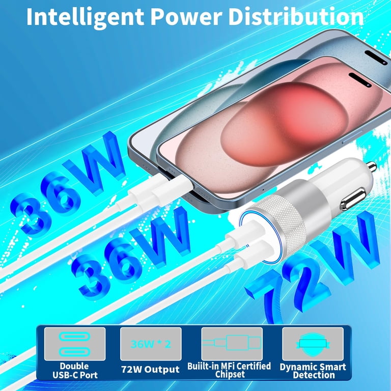 Apple MFi Certified] iPhone 15 Car Charger Fast Charging, 72W Dual USB-C  Power Cigarette Lighter Charger+2Pack Type-C Charge Cable for iPhone 15/15  Plus/15 Pro/15 Pro Max/iPad Pro/Air/Mini
