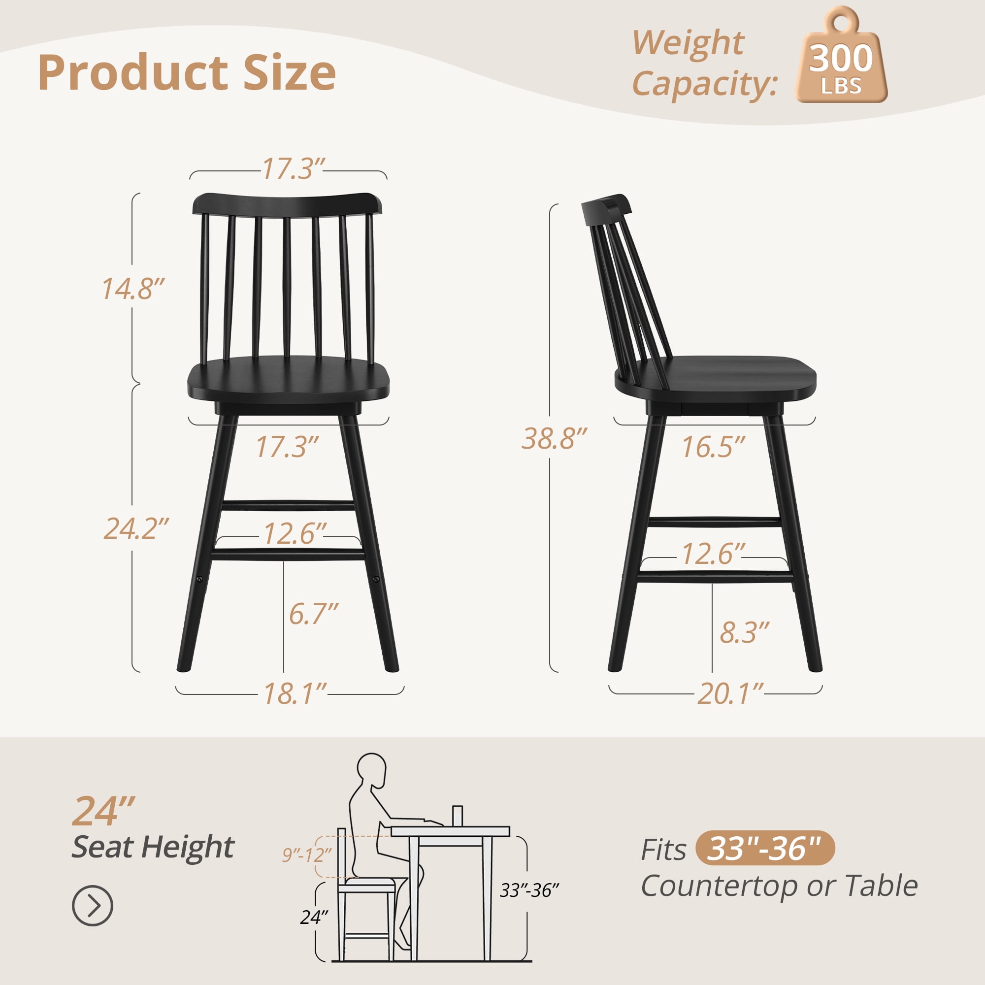 Dycanpo 24'' Swivel Wooden Bar Stools Set of 4,Counter Height Bar Stools with Backrest for Kitchen,Black