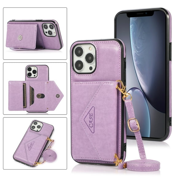 Phone Case for iPhone 13 Pro Max Wallet Cover with Wrist Crossbody Strap Lanyard Credit Shoulder Card Holder Slot Stand Leather Back Magnetic Flip Cell Accessories For iPhone 13 Pro Max, Purple