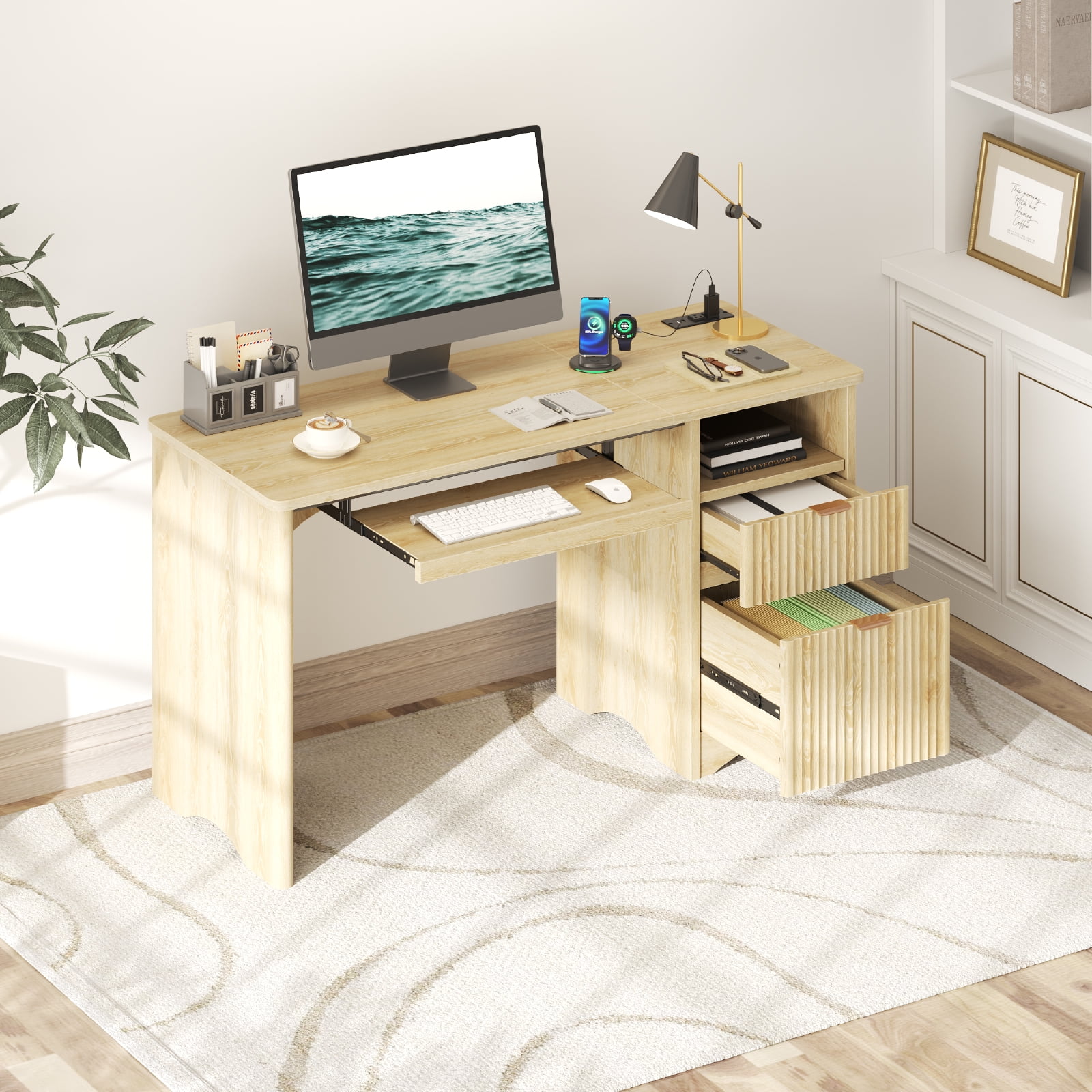 Bestier 55" Computer Writing PC Desk Home Office with Power Outlets Keyboard Tray and Storage Drawers, Log
