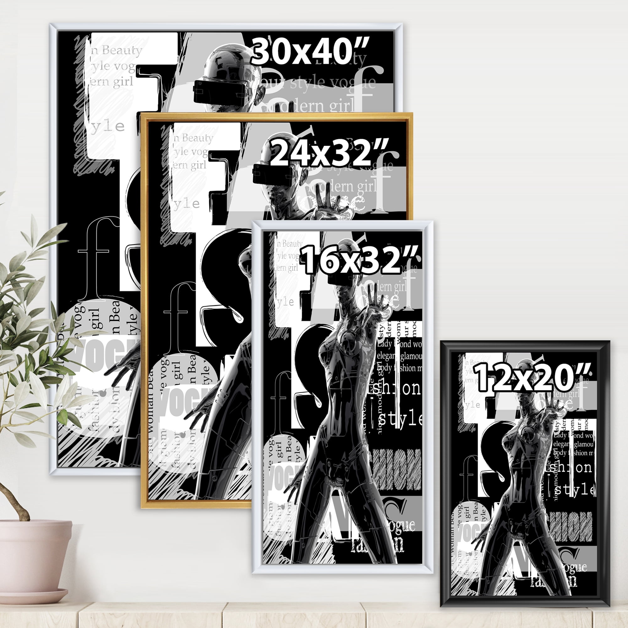 Designart 'Black and White Cyborg Body II' Modern Framed Canvas Wall Art Print