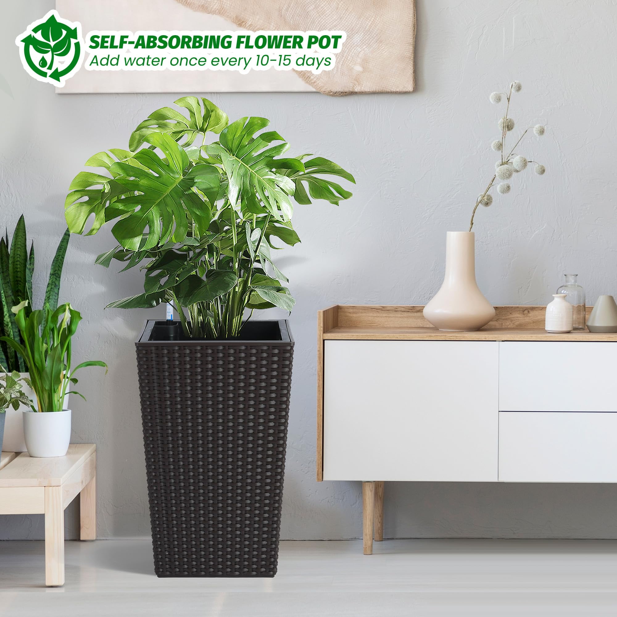 Tall Planters with Rattan Texture, Set of 2, Indoor/Outdoor Decorative Flower Pots with Water Level Monitor, Detachable Inner Pot & Drainage Holes for Large Plants, Trees, Patio, and Garden