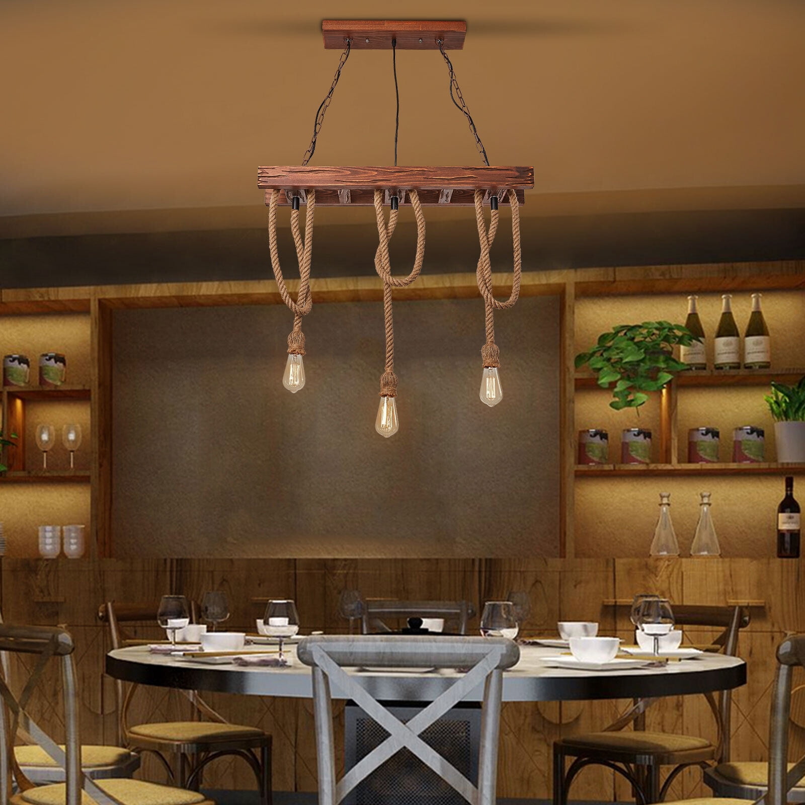 31.5" Farmhouse Wood Pendant Light Chandelier Lighting Iron Hanging Fixture 3 Heads Kitchen Pendant Lamp