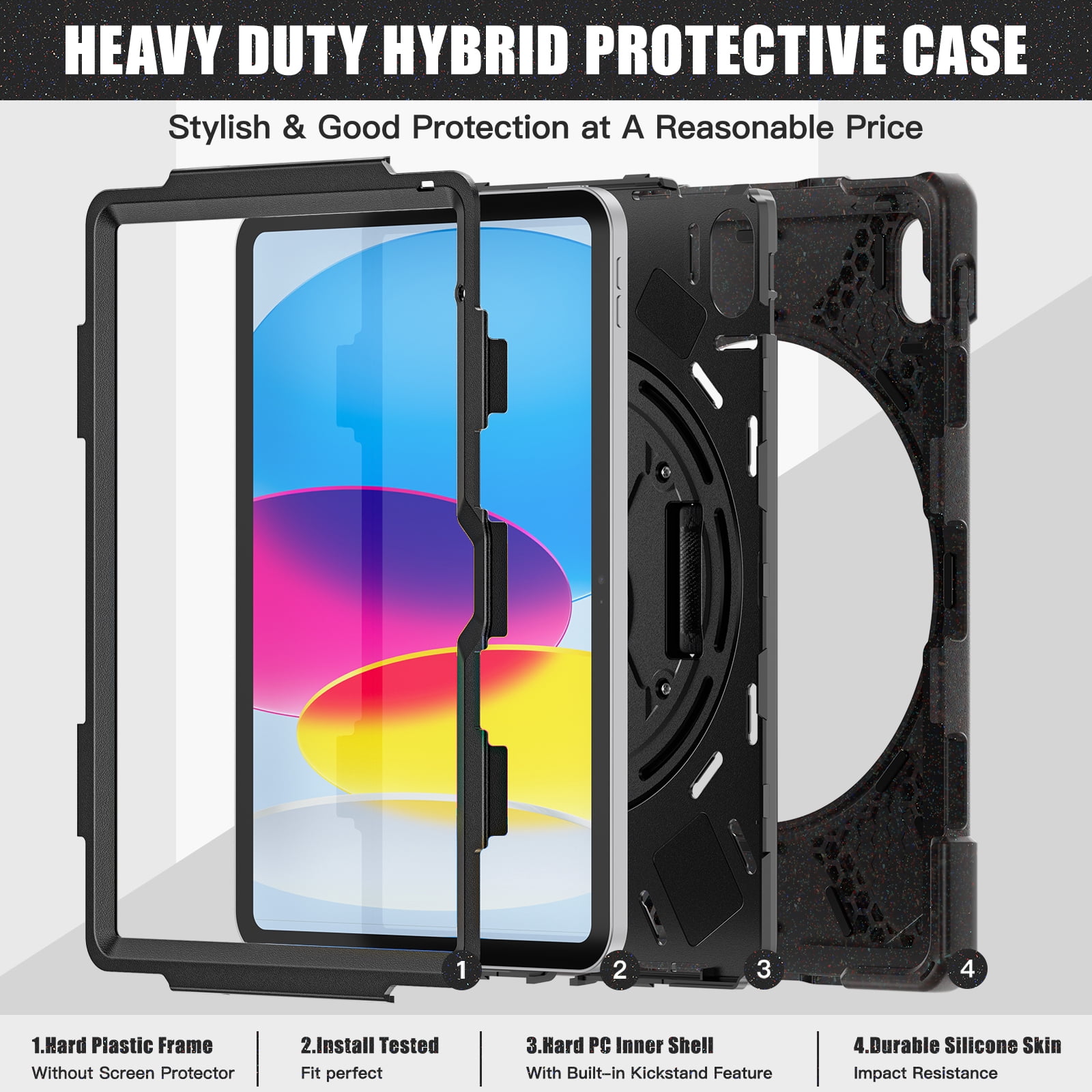 ELEHOLD Case For Apple iPad 11th(A16) 2025/10th Gen 2022, Military Grade Silicone Hybrid Rugged Case with Pencil Holder Rotating Stand Hand/Shoulder Strap,Colorful Black