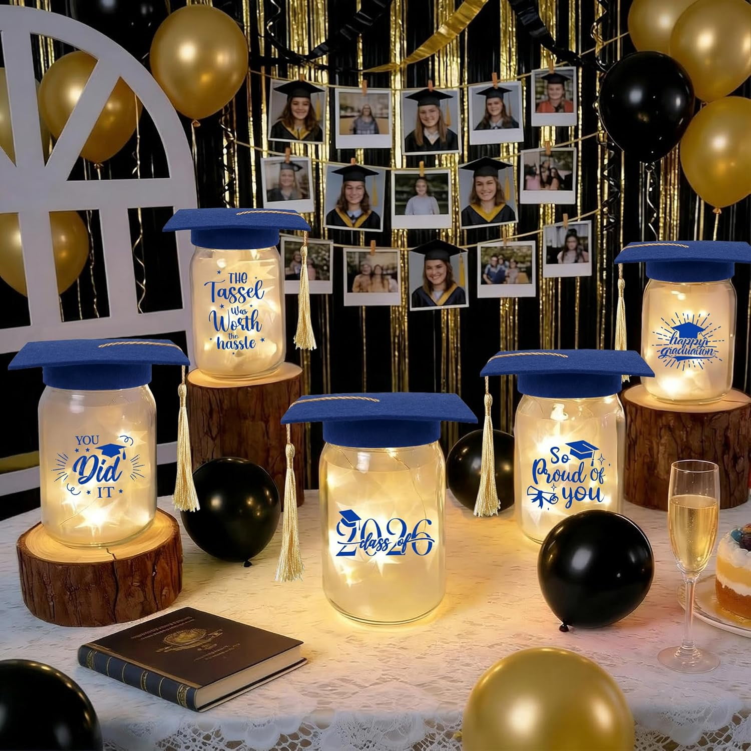 GuassLee 6 Sets 2026 Graduation Centerpieces for Tables, Glowing Mason Jar Centerpieces with Graduation Caps, Glowing Money Jars for College High School Congrats Grad Party Decor Supplies