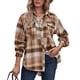 thumbnail image 1 of Camisa a cuadros para mujer, Top clásico de manga larga con botones y cuello vuelto, con bolsillos, cuadros café XL, 1 of 6