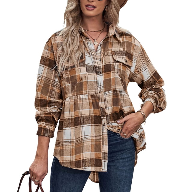 Camisa a cuadros para mujer, Top clásico de manga larga con botones y cuello vuelto, con bolsillos, cuadros café M
